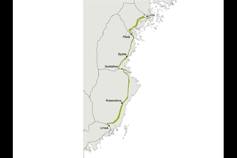 Map of the planned 270 km Norrbotniabanan between Umeå and Luleå.